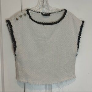 Zara White Black Brown Trim Tweed Sleeveless Button Shoulder Top M